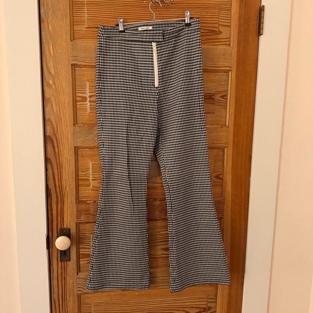 Sandy Liang Front Zip Flare Pants, Black and White Check, Size 10 - Picture 2 of 13
